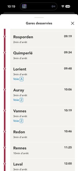 Copie écran trajet Quimper Paris